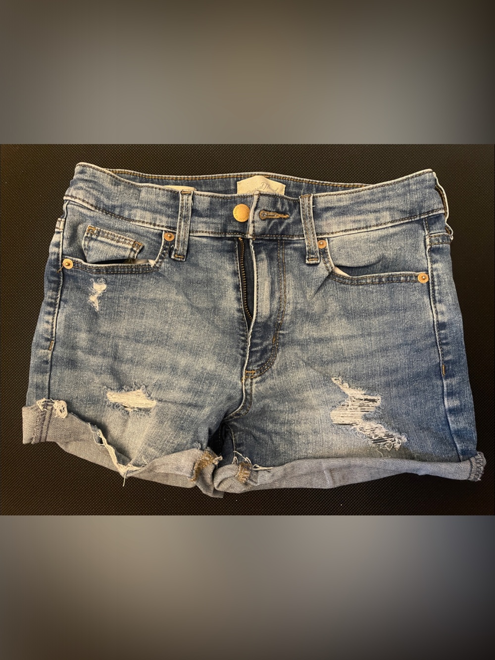 Medium Blue Distressed Rolled-Hem Denim Shorts